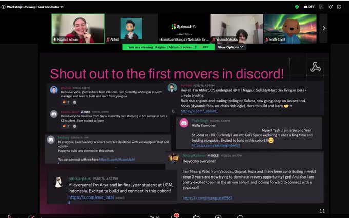 A virtual workshop screen showing Discord shoutouts to new contributors including 'hellobhai', 'earthian', 'sudo', 'solok', 'guyyzrlll', 'polarpaws', and 'nullgarou' from the Unaligned Cohort 11 hackathon.