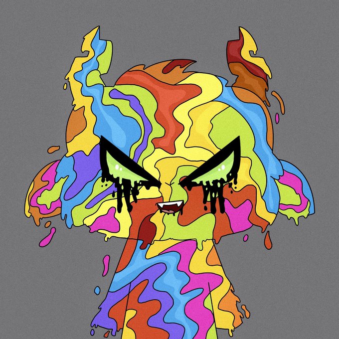 A melting, cartoon-style figure with a rainbow-colored dripping face glares menacingly, with black tears streaming from bright green eyes and a small fanged smile, evoking a chaotic and unsettling "gm" greeting.