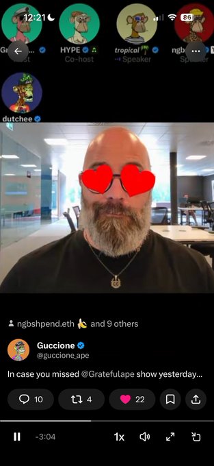 A Twitter/X Spaces video call screenshot showing a bald man with heart-eye emojis over his face, with participants labeled 'HYPE', 'tropical', 'ngb', and 'dutchee' displayed as ape avatars. A tweet from 'Guccione (@guccione_ape)' references '@Gratefulape show yesterday'.