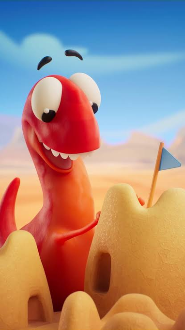 A cheerful 3D-rendered red dinosaur proudly stands behind a sandcastle topped with a small blue flag, capturing the playful spirit of a "gm!" (good morning) greeting with its wide-eyed, friendly expression.