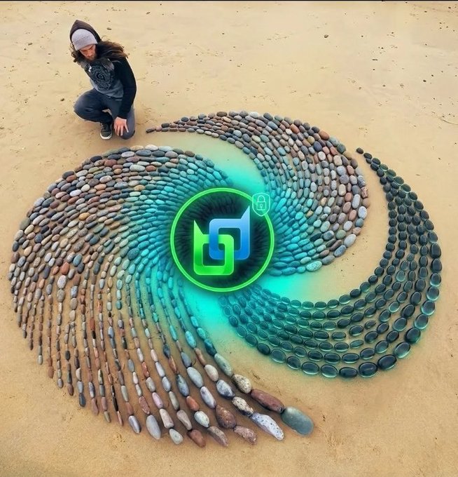 A woman kneels beside an intricate spiral pattern of arranged stones on a sandy beach, overlaid with a glowing green "BDX" coin logo featuring a shield icon, visually representing the layered, intertwined nature of privacy-focused cryptocurrency. The earthy, organic design mirrors the post's theme of Beldex's privacy tokens, which emphasize concealed, secure transactions over full transparency.