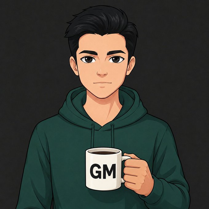 A digital illustration of a young man with dark hair wearing a dark green hoodie and holding a white mug with 'GM' (Good Morning) printed on it against a dark gray background.