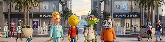 A digital art exhibition scene with various cartoon NFT characters walking through a city setting featuring 'NFT Galleries' and 'Digital Art Exhibitions' storefronts.