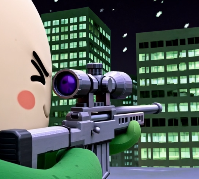A 3D animated character with a simple face and green clothing aims a detailed sniper rifle against a backdrop of illuminated green city buildings at night.