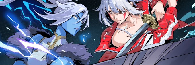 An anime-style illustration showing two characters: a blue-skinned female with white hair surrounded by blue lightning, and a silver-haired male in a red jacket holding a sword.