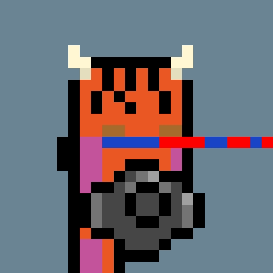 Pixel art depicting a red demon-like character with horns holding a sword and shield against a blue background.