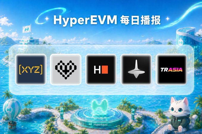 A promotional banner titled 'HyperEVM 每日播报' (HyperEVM Daily Broadcast) featuring icons for [XYZ], a heart logo, 'H', and 'TRASIA' against a tropical island backdrop with a Hyperliquid mascot.