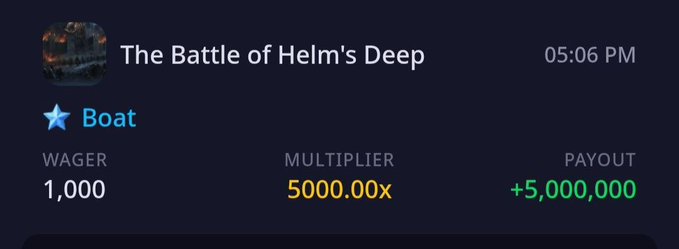 A digital wager receipt shows a bet called 'The Battle of Helm's Deep' placed on Boat with a wager of 1,000, a 5000.00x multiplier, and a payout of +5,000,000.