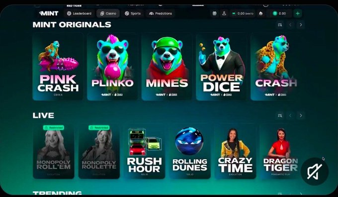 A screenshot of an online gaming platform called 'MINT' displaying various game options including 'PINK CRASH', 'PLINKO', 'MINES', 'POWER DICE', and 'CRASH' under 'MINT ORIGINALS', along with 'LIVE' and 'TRENDING' categories.
