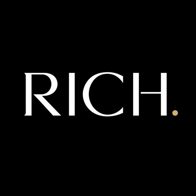 A sleek black background displays the word "RICH." in bold white serif lettering, accented by a small gold dot as the period. The minimalist design directly echoes the post's message, embodying the token's concept of wealth as a pure status symbol—where owning more $RICH means your "wallet speaks louder," with no utility or promises attached.