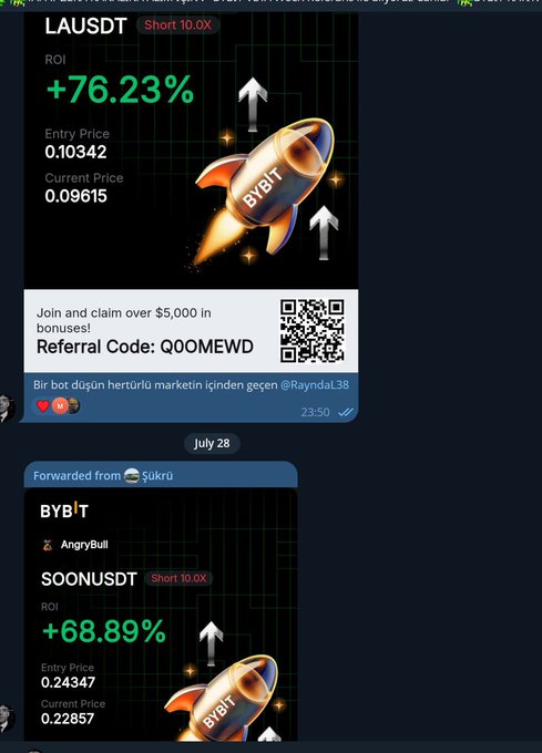 Telegram screenshots show Bybit trading bot results featuring LAUSDT with a +76.23% ROI (entry 0.10342, current 0.09615) and SOONUSDT with +68.89% ROI (entry 0.24347, current 0.22857), both marked as 10X short positions, alongside a referral code "Q0OMEWD" promo and a forwarded message from Şükrü at 23:50 on July 28—visually backing up the post's claim of a successful live short trade and BTC plan.