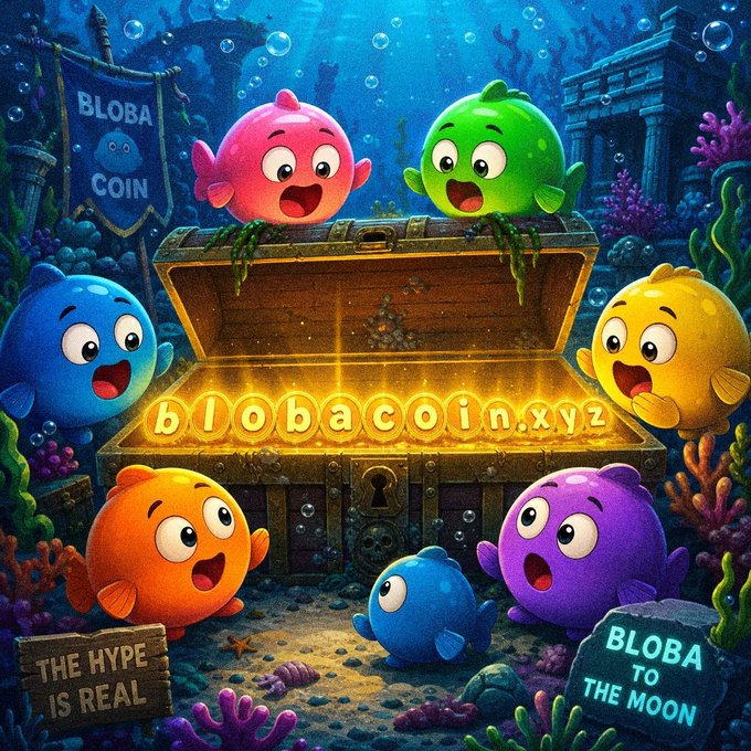 Seven colorful, cartoonish blob-like creatures gather in amazement around an open treasure chest glowing with the text "blobacoin.xyz," while a banner reading "BLOBA COIN" and signs declaring "THE HYPE IS REAL" and "BLOBA TO THE MOON" frame the underwater scene. The image directly illustrates the post's call for Bloba NFT holders to claim their $BLOB airdrop share at the featured URL.