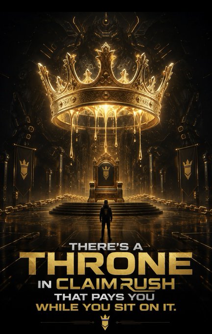 A promotional poster for "CLAIMRUSH" featuring a golden throne under a large crown, with text reading "THERE'S A THRONE IN CLAIMRUSH THAT PAYS YOU WHILE YOU SIT ON IT."