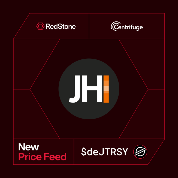 Promotional graphic announcing a 'New Price Feed' with logos for 'RedStone', 'Centrifuge', and 'deJTRSY' displayed around a central 'JHI' emblem.
