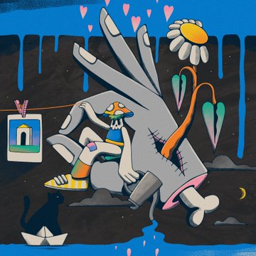 A vibrant digital illustration showing a large gray gloved hand reaching down, with a smaller character wearing mushroom-themed shoes and a flower cap sitting in its palm.