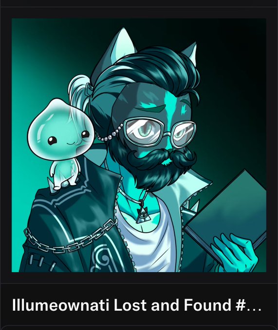 A cyan-toned digital illustration shows a bearded, cat-eared character with glasses holding a book, with a small ghost-like creature perched on his shoulder, captioned "Illumeownati Lost and Found #..." 

The image relates to the post as a humorous depiction of holding onto a losing NFT investment, with the "Lost and Found" series title poking fun at the bagholder's experience watching their 20 HYPE NFT drop to 0.44 HYPE.