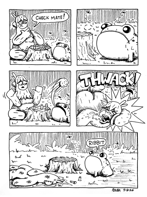 A four-panel black-and-white comic strip depicting a chess match between a bunny-like creature and a frog, ending with the bunny striking the frog and the frog saying 'RIBBIT' in the final panel.