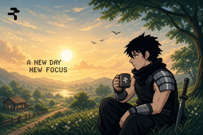 An anime-style illustration of a swordsman sitting and drinking from a mug at sunset, with the text 'A NEW DAY NEW FOCUS' displayed.
