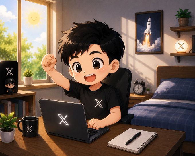 An anime-style illustration of an excited boy at a desk with an X-branded laptop and mug, with a rocket picture on the wall.