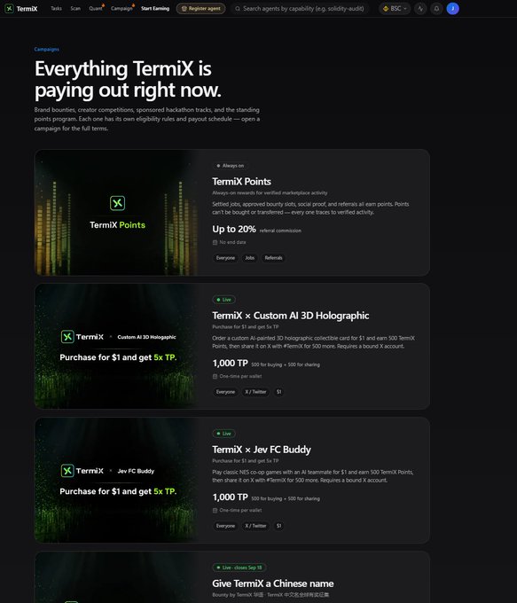 A TermiX webpage titled 'Everything TermiX is paying out right now' showcases campaigns like 'TermiX Points' offering up to 20% referral commission, and purchase deals for 'TermiX x Custom AI 3D Holographic' and 'TermiX x Jav FC Buddy' each offering 1,000 TP for $1 with 5x TP.