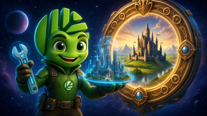 A green cartoon character holding a wrench and a glowing portal displaying a castle and futuristic city, set against a starry space background.