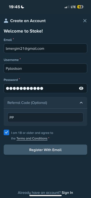 A mobile screenshot of a 'Stake' account registration form with email 'bmergim21@gmail.com', username 'Pplastosn', and password fields filled, plus a referral code 'PP'.