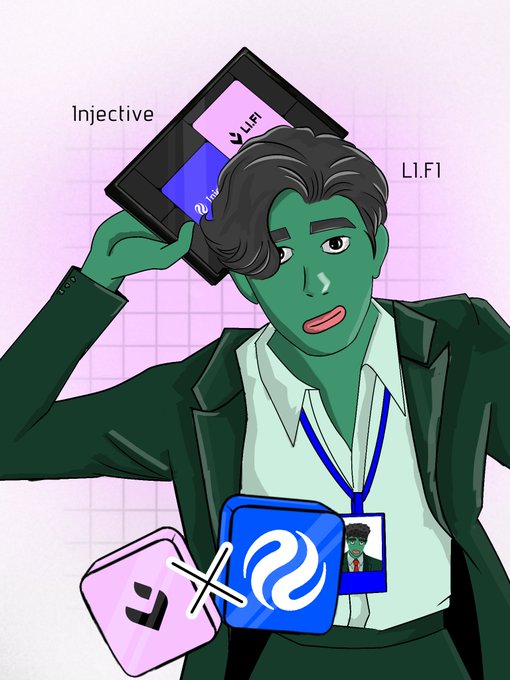 An illustration of a green-skinned man in a suit carrying a black box labeled 'Injective' on his shoulder, wearing a lanyard and a square badge that says 'LI.F1', with additional Injective and LI.F1 icons displayed at the bottom left.