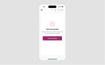 A smartphone screen shows a 'Not Connected' error message with a 'Connect Wallet' button on a white background.