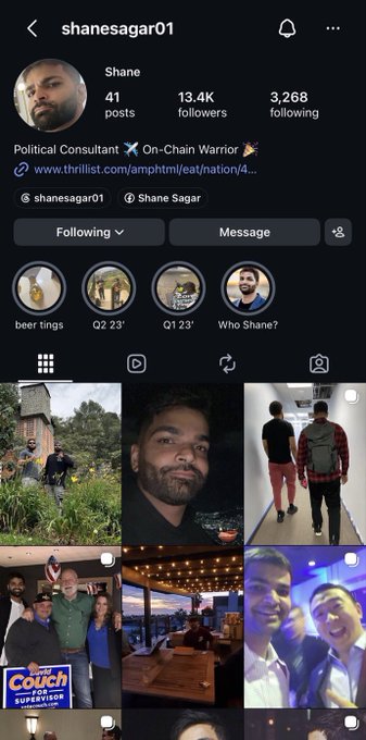 The image shows the Instagram profile of "shanesagar01" (Shane), a political consultant with 13.4K followers, displaying his bio and a grid of personal photos. The accompanying post calls him out by name, identifying him as part of a group of Indian traders on Pump.fun that the poster is critical of.