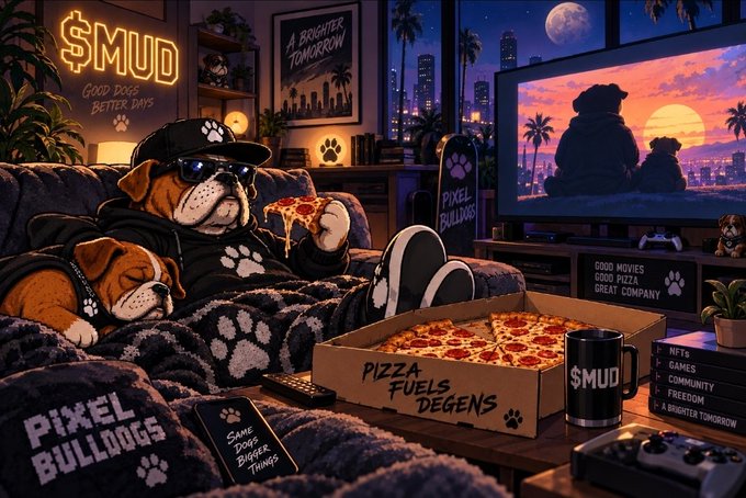 Pixel art illustration of bulldogs relaxing in a gaming setup with pizza, featuring text like '$MUD', 'PIZZA FUELS DEGENS', and 'A BRIGHTER TOMORROW'.