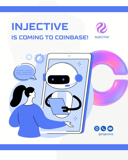 The image features an illustration of a woman holding a phone, which has a robot or AI character on its screen. The text "Injective is coming to coinbase!" is displayed above the scene. This suggests that the image might be related to a promotional campaign for Coinbase, where they are showcasing their new feature of enabling native deposits through EVM and providing seamless liquidity rails straight into the network with zero fees.