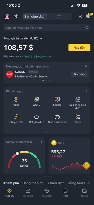 A screenshot of the Binance mobile app in Vietnamese, showing a trading interface with a total asset value of 108.57 USD, a countdown to a $KOUSDT token sale starting in 54 minutes, and a BNB price of 595.27.