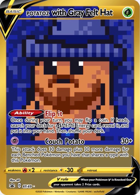 A custom Pokémon TCG card titled "POTATOZ with Gray Felt Hat" (card 069/069) features a pixelated character with the Ability "Flip It" and an attack called "Couch Potato" dealing 30+ damage, suggesting it is a rare promotional or fan-made collectible card.