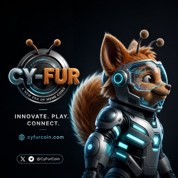 A promotional graphic for 'CY-FUR' cryptocurrency ('A NEW ERA OF MEME COINS') featuring a 3D-rendered anthropomorphic fox character in futuristic armor with a glowing blue helmet. The image includes the website cyfurcoin.com and social handle @CyFurCoin.
