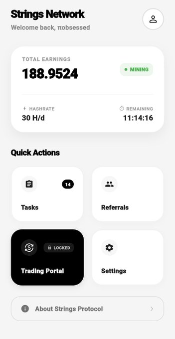Screenshot of the Strings Network mobile mining app dashboard showing total earnings of 188.9524 with a hashrate of 30 H/d and 11:14:16 remaining in the mining session, welcoming user "πobsessed" (which matches the referral code mentioned in the post).