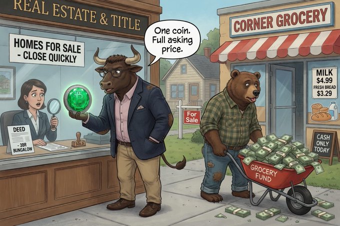 The image features a cartoon scene with two bulls, one dressed as a man wearing a suit and tie, and another dressed as a bear holding money. The bull dressed like a man is standing next to a real estate office, while the other bull stands on a street corner carrying stacks of money. The caption "You certainly can'T save your way to rich in fiat." suggests that the image is related to the concept of investing and financial markets.

The post also mentions the term "real estate & title," which could be an indication that this scene takes place in a city where real estate prices are high, or it might be a reference to the real estate market's influence on the economy. The presence of the bulls and their interaction with money adds a humorous element to the image while conveying a message about investing and financial markets.