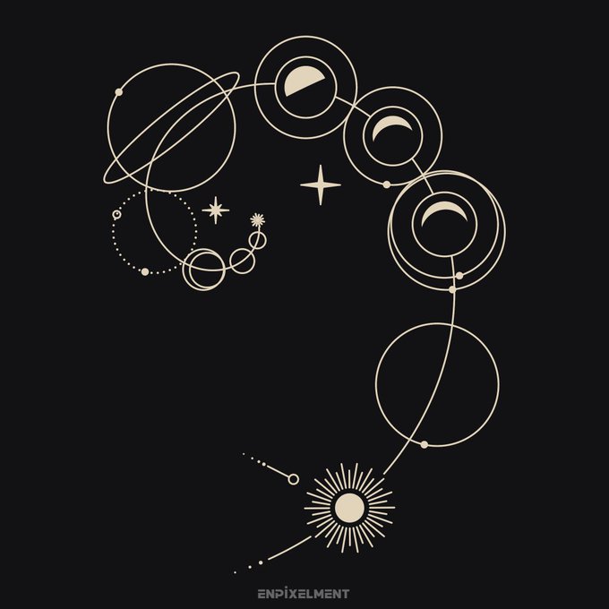 A decorative illustration featuring cream-colored celestial line art including planets, a sun, stars, and moon phases on a dark gray background, signed 'ENPIXELMENT'.