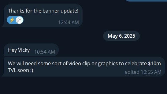 The image shows a cell phone screen displaying an email conversation between two people discussing an upcoming video clip or graphic that has been added to a video. The text says "$50k to $10M TVL Rebranded Keiko Finance on Hyperliquid and this is what happened not too long after". This information suggests the ongoing conversation might be about the financial aspect of producing and distributing the new video, possibly related to a newly released product or event where significant funds have been committed for marketing purposes.