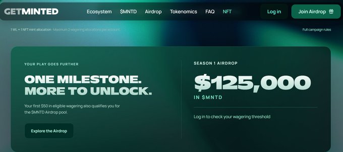 Screenshot of the GETMINTED website header showing a Season 1 Airdrop offering $125,000 in $MNTD tokens, with text 'ONE MILESTONE. MORE TO UNLOCK.' and navigation links for Ecosystem, $MNTD, Airdrop, Tokenomics, FAQ, and NFT.