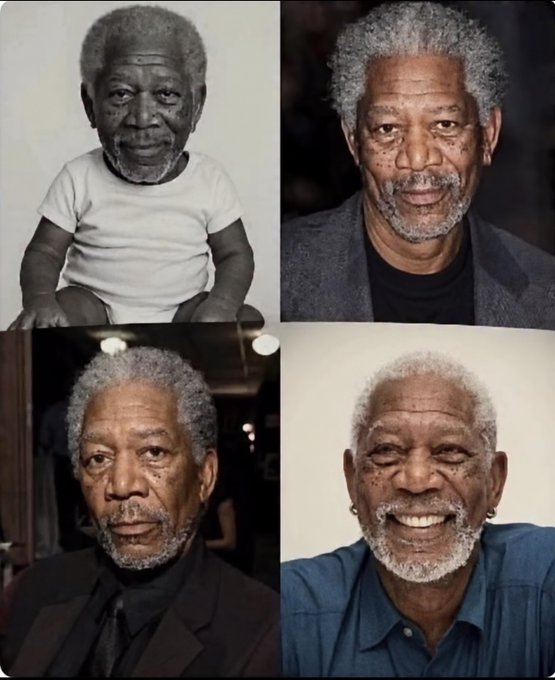 A four-panel collage featuring black and white photos of an elderly man and Morgan Freeman, a popular internet meme format known as 'Baby Morgan Freeman'.