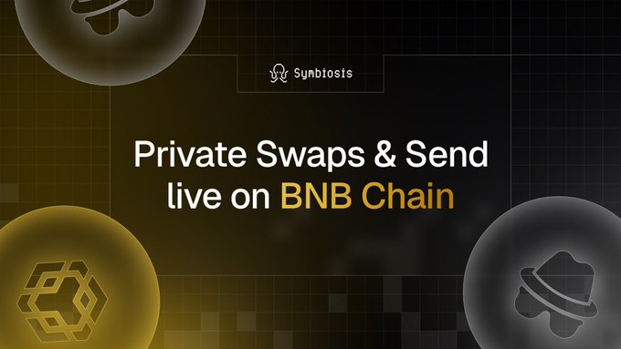 The image is a promotional graphic featuring the Symbiosis logo at the top, with the main text "Private Swaps & Send live on BNB Chain" displayed prominently against a dark grid background. Decorative spheres showcasing BNB Chain's geometric logo and a coin design frame the composition, visually reinforcing the announcement of Symbiosis's privacy-focused swap and send services now operating on the BNB Chain network.