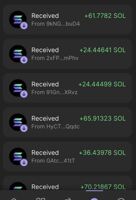 The image shows a cryptocurrency wallet transaction history displaying multiple incoming "Received" payments in SOL (Solana), with amounts ranging from approximately +24 to +70 SOL from various sender addresses (e.g., 9kNG...buD4, 2xFP...mPhv, 91Gn...XRvz). This appears to be promotional "proof" for the post's claim that users will receive free SOL by liking, retweeting, and following, though these kinds of screenshots are commonly used in crypto giveaway scams.
