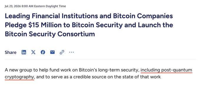 A news headline dated July 23, 2026 announces that leading financial institutions and Bitcoin companies have pledged $15 million to launch a Bitcoin Security Consortium focused on long-term security, including post-quantum cryptography, complementing the post's message about how decentralized influence allows anyone—including institutions—to contribute to strengthening Bitcoin.