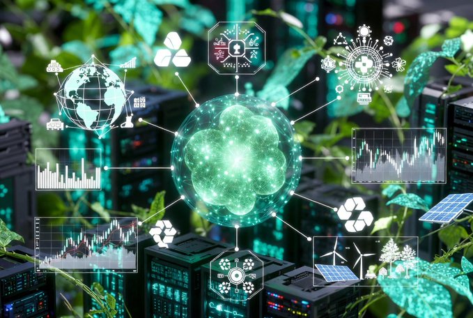 The image features a complex network of interconnected objects arranged in an abstract manner. The scene includes a large green flower surrounded by numerous smaller items representing various aspects of technology, such as servers, routers, plants, and other symbols related to data processing or computing. Additionally, there are illustrations of trees and a globe within the background.

The main focus is on the network of objects in the center with the text "Better for the planet. Better for progress. Traditional mining wastes massive energy on meaningless calculations." This phrase emphasizes the relevance and impact that technological advancements can have on the environment and sustainability. The combination of elements - technology, nature, and global connectivity - highlights the interconnectedness of our world and the importance of efficient use of resources to drive positive change.