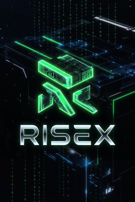 A digital graphic featuring green neon geometric shapes and a circuit-like pattern on a black background, with cascading green binary code and the text 'RISEX' in silver letters at the bottom.