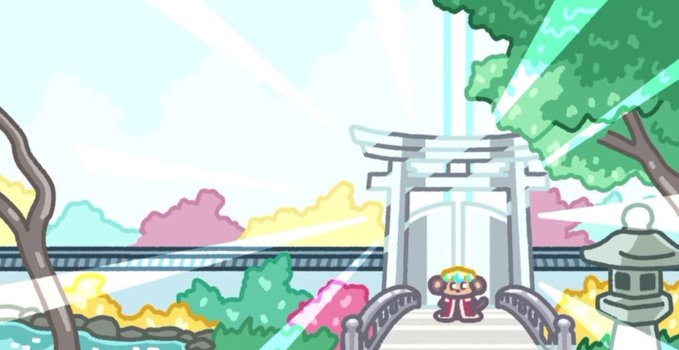 A chibi-style character wearing a halo stands on a stone bridge before a Japanese torii gate, with bright rays of light streaming through the scene and colorful foliage in the background. The image reflects the post's appreciation for ChimpersHQ's persistent engagement and rewarding updates, as the radiant, uplifting atmosphere visually symbolizes the team's continual positive contributions to their community.