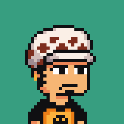 A pixel art character with a spotted bandana, goatee, and dark shirt is shown against a green background.