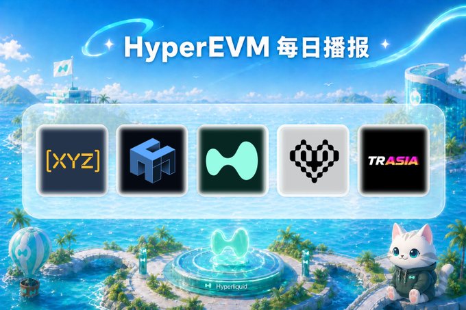 A promotional banner titled 'HyperEVM 每日播报' (HyperEVM Daily Broadcast) featuring five crypto project logos including [XYZ], alongside a Hyperliquid mascot and a cute white cat character in a tropical beach setting.