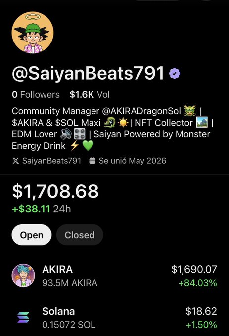 A social media profile for @SaiyanBeats791 showing crypto holdings including AKIRA valued at $1,690.07 (+84.03%) and Solana at $18.62.