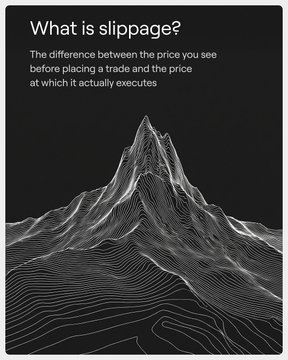 A dark graphic with the text 'What is slippage? The difference between the price you see before placing a trade and the price at which it actually executes' positioned above a 3D wireframe topographical map of a mountain.